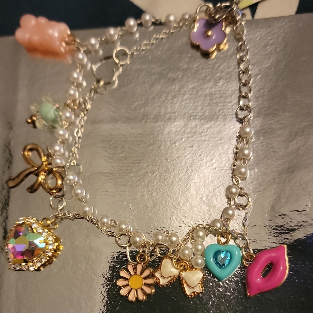 Charming Silver and Pearl Women's ANKLET with Colorful Charms